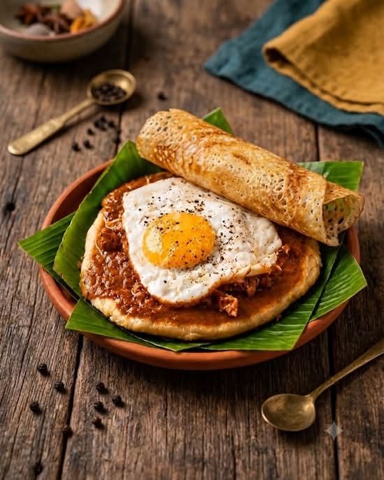 Dosa Pottalam — crispy rolled dosa over masala chicken and fried egg