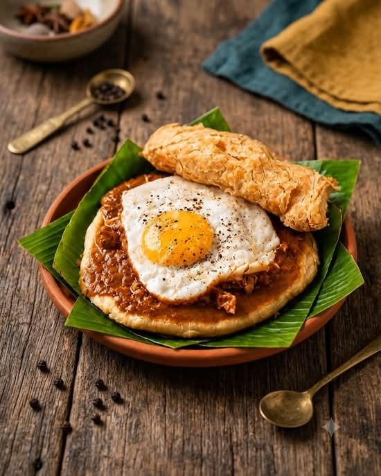 Paratha Pottalam — flaky paratha with masala chicken and a fried egg on banana leaf